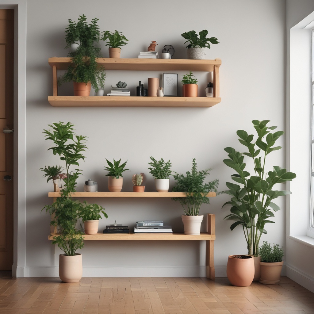 Interior of a neatly arranged room with a plant on a wooden shelf