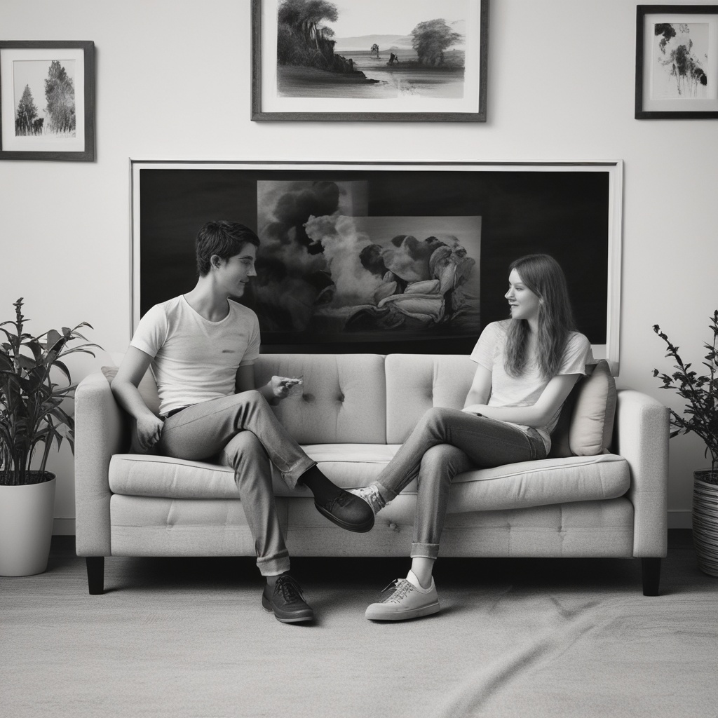 Two people sitting and talking on a sofa